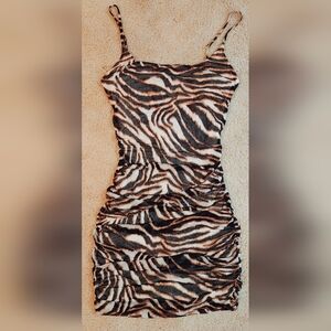 Y2K LA LUXE Brown Black Zebra Animal Print Ruched Spaghetti Strap Bodycon Dress